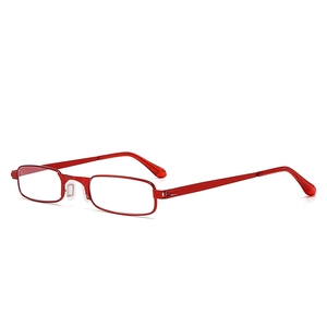 Elegant red metal narrow frame reading glasses for women with slim rectangular lenses