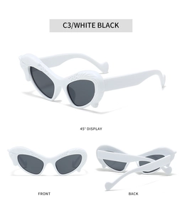 Detailed views of white heart-shaped sunglasses with black lenses and wave relief frame
