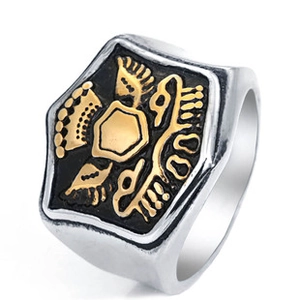 Detailed macro view of vintage titanium steel square signet ring with embossed eagle crest