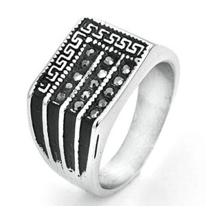 Detail of silver titanium square ring featuring black Greek key pattern and cubic zirconia