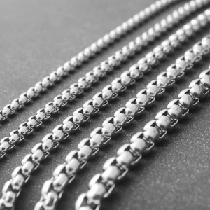 Multiple sizes of square pearl stainless steel necklaces in polished silver finish