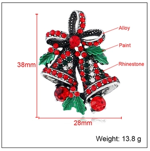 Detailed view of Christmas bell brooch with alloy dimensions, weight and material info