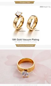 Detail of 18K gold plated honeycomb texture couple rings with round zircon setting