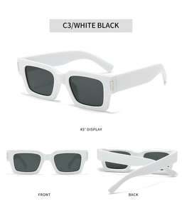 Detailed views of chunky white square sunglasses with black lenses and metal hinges
