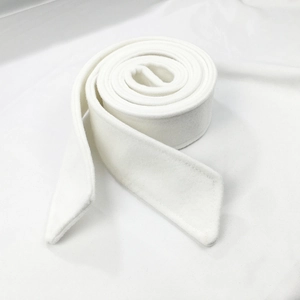 Close-up of white wool coat belt showing fine stitching and soft felt fabric texture
