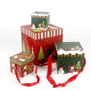Set of four red and green Christmas gift boxes with Santa and Snowman illustrations