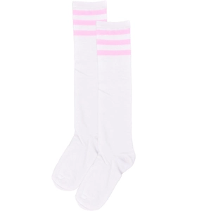 Detailed knit texture of white knee high socks with pink stripes on a white background