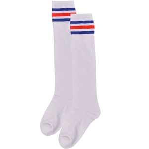 Detailed texture of white knee-high sports socks with blue and red horizontal stripes