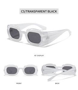 Detailed views of irregular pumpkin flower sunglasses in matte transparent white finish