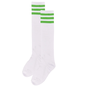 Detail showing white knitted over-the-knee socks with green triple stripes at the top