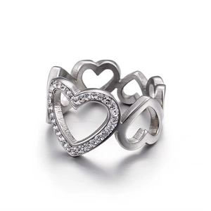 Sparkling heart link ring with white zircon pave setting in polished silver finish