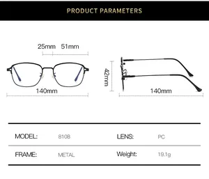 Detailed size chart for square metal frame glasses showing precise frame dimensions
