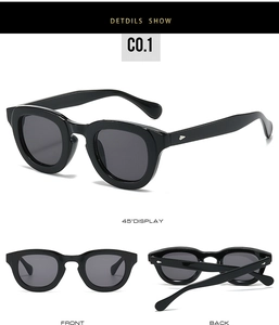 Detailed views of vintage black oval sunglasses featuring silver rivets and dark lenses