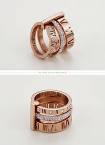 Macro detail of rose gold multi-layer ring with Roman numerals and pavé cubic zirconia