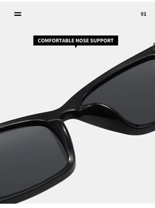 Close-up of integrated nose support on black square frame cat-eye sunglasses