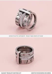 Macro detail of silver layered Roman numeral ring with sparkling cubic zirconia stones