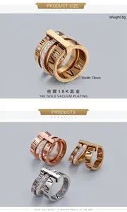 Detail view of 13mm wide 18K gold plated Roman numeral ring with sparkling rhinestones