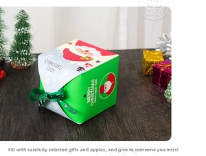 Dettaglio della confezione regalo di Natale verde con motivo Babbo Natale e nastro