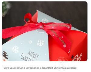 Dettaglio di una scatola regalo di Natale con fiocchi di neve rosso-blu e un fiocco di seta
