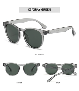 Three perspectives of gray green oval sunglasses showing front, back, and 45-degree views