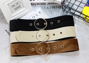 Chic velvet wide belts in black, beige, and brown with golden round metal buckles