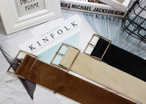 Chic velvet wide belts in black, brown, and beige with elegant golden square buckles