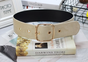 Detailed view of a wide beige suede waist belt with a large gold metal buckle on books