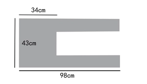 Tableau des tailles détaillé avec haut 34cm, hauteur 43cm et longueur 98cm du châle