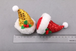 Mini Christmas sequin hats for DIY hair clips with white fur trim and holly detail