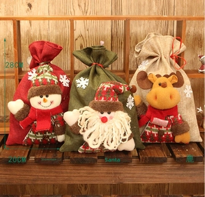 Three linen Christmas gift bags with 3D plush Santa, Snowman and Reindeer, 28x20cm size