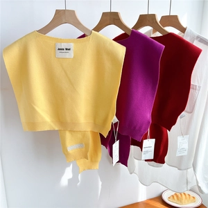 Gilet court en maille de laine aux couleurs vives suspendu à un cintre sur un mur blanc