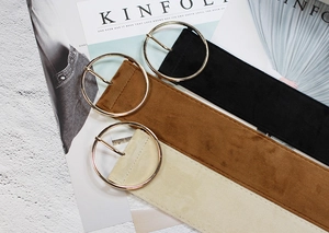 Chic women's wide velvet belts in black, brown and beige with golden round buckles