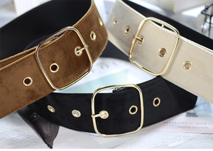 Three velvet waist belts in brown, beige, and black with elegant gold square buckles