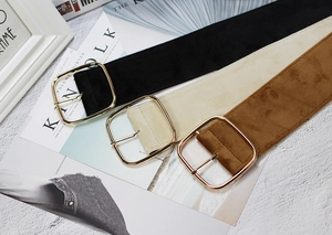 Chic velvet wide waist belts in black, beige, and caramel with gold square buckles