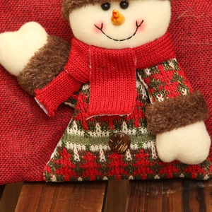 Christmas snowman gift bag in red linen with 3D plush doll and knitted scarf detail