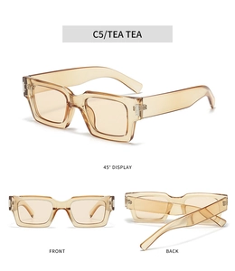 Detailed views of translucent tea amber square sunglasses showing front and side angles