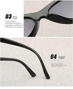 Detail of adaptive nose pads and ergonomic anti-slip temples on black cat-eye sunglasses