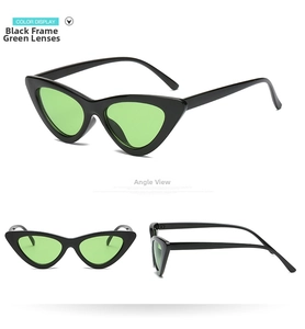 Retro cat-eye sunglasses with black frame and green lens shown from three different angles