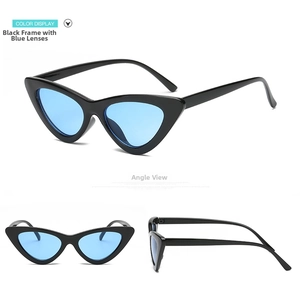 Retro cat eye sunglasses with black frames and light blue lenses from multiple angles