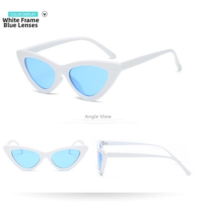Three-angle display of white cat eye sunglasses with light blue lenses and resin frame