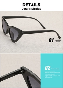 Detail view of cat eye sunglasses showing the reinforced metal hinge and black frame