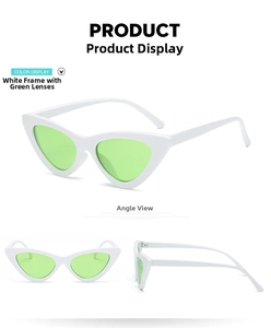 Three-angle view of retro cat-eye sunglasses with white frame and green lenses