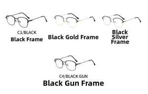 Detail view of square metal eyeglass frames in black, gold, silver, and gunmetal finishes
