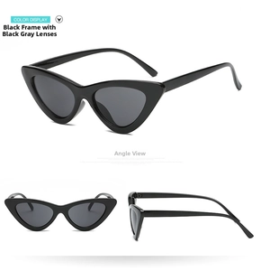 Three-angle view of vintage cat eye sunglasses with black frames and grey lenses