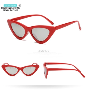 Three views of vintage red cat-eye sunglasses with silver reflective mirror lenses