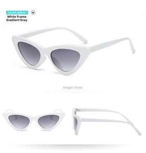 Three views of white cat eye sunglasses with gradient grey lenses in retro triangle style