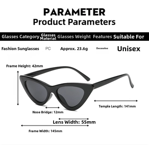 Detailed dimension chart for vintage cat eye sunglasses with frame size and PC material spec