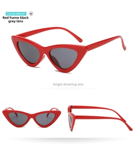 Three-angle view of red cat eye sunglasses with grey lenses and vintage frame details
