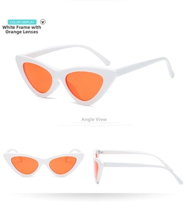 Detailed views of white cat-eye sunglasses with orange lenses from multiple angles