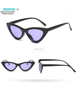 Three-angle view of vintage cat-eye sunglasses with black frames and purple lenses